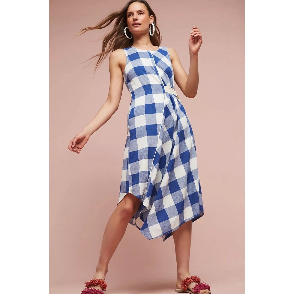 Anthropologie Maeve Belted Gingham Blue White Check Asymmetrical Dress Size S - Picture 1 of 4